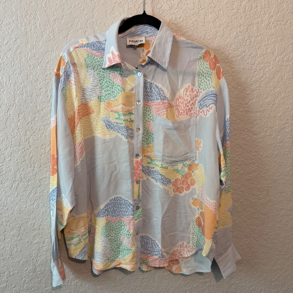 French Connection FRNCH Paris Abstract Landscape Button Down Shirt Small Pastel